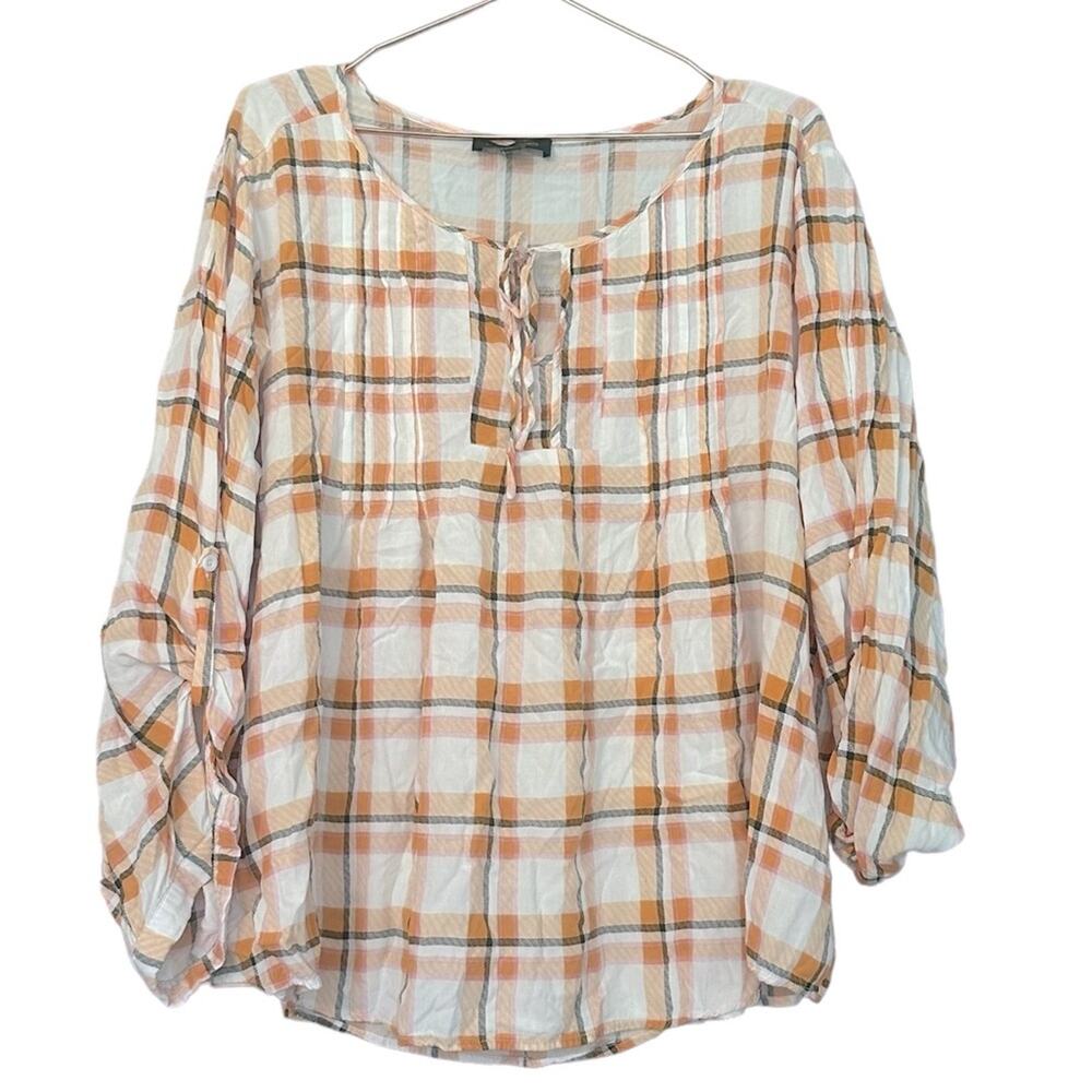 Suzanne Betro Neutral Tartan Plaid Blouse size 2X - Picture 1 of 7
